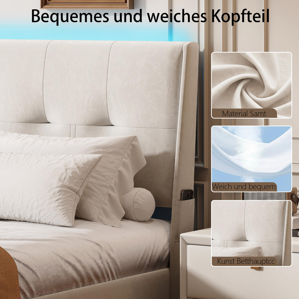 POLSTERBETT 140x200 cm mit LED, Samt - Beige, Holz (140/200cm)