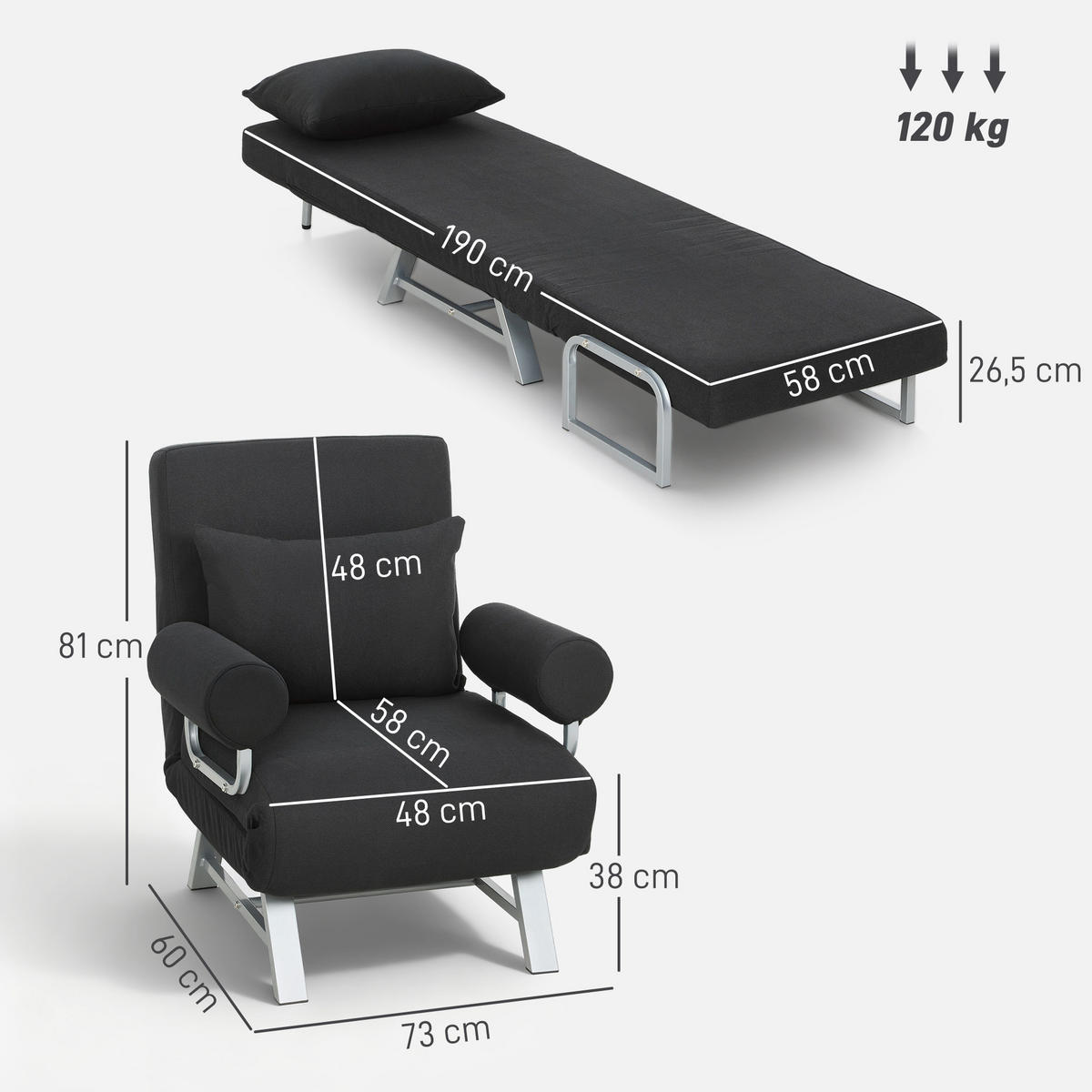 SCHLAFSESSEL DE-14646 5-fach verstellbar & klappbar Schwarz - Schwarz, Textil (73/81/78cm) - ComfortXL