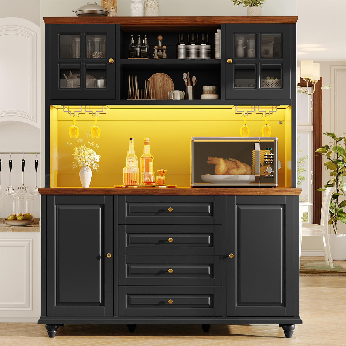 BUFFET DE-38489 140/40/179 cm mit Metall-Weinglashalter Schwarz - Schwarz, Holzwerkstoff (140/179.5/40cm) - ComfortXL