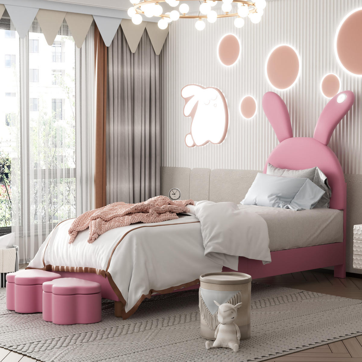 POLSTERBETT 90/200 cm aus französischem Samt mit LED-Beleuchtung und Stauraumbänken Rosa - Rosa, Textil (90/200cm) - Modenvie