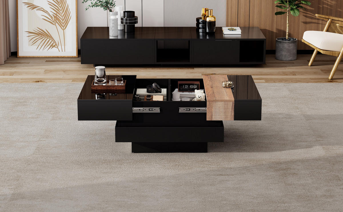 COUCHTISCH mit ausziehbarer Platte & Stauraum, MDF/PB, Schwarz-Holz Optik, Hochglanz, 70/70/39 cm,Schwarz - Schwarz, Holzwerkstoff (70/70/39cm) - Redom
