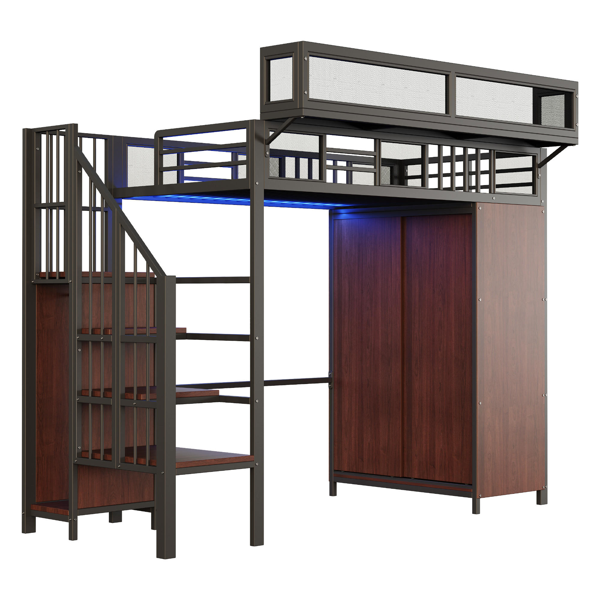 HOCHBETT 90/200 cm DE-01489, in Schwarz, mit Kleiderschrank, Sicherheitsleiter und LED-Beleuchtung - Schwarz, Metall (90/200cm) - ComfortXL