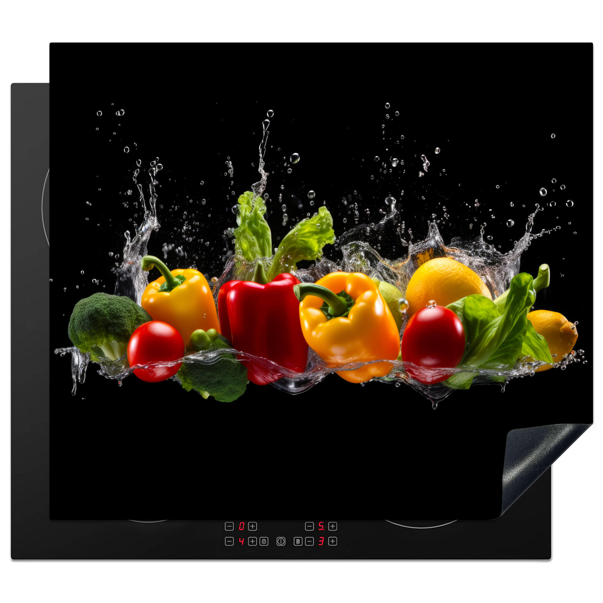 HERDABDECKPLATTE Paprika - Wasser - Gemüse - Schwarz 57x51 cm - Multicolor, Kunststoff (57.6/0.2/51.6cm) - MuchoWow