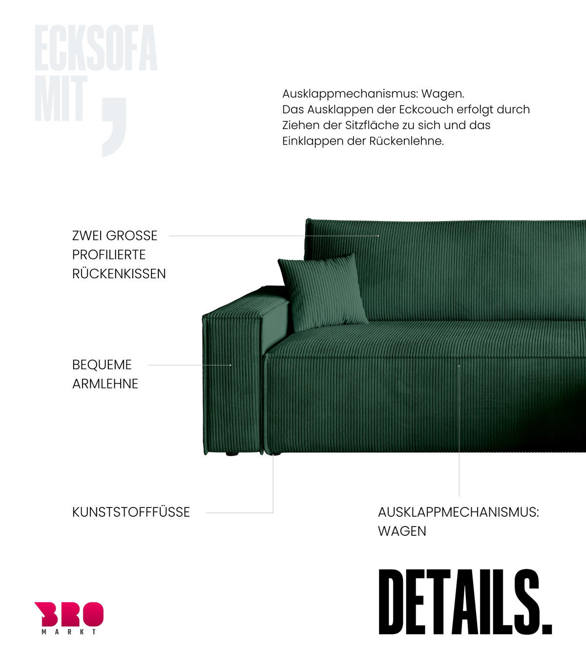 ECKSOFA ADI mit Schlaffunktion Dunkelgrün Cord - Dunkelgrün, Textil (244/143cm) - Bromarkt