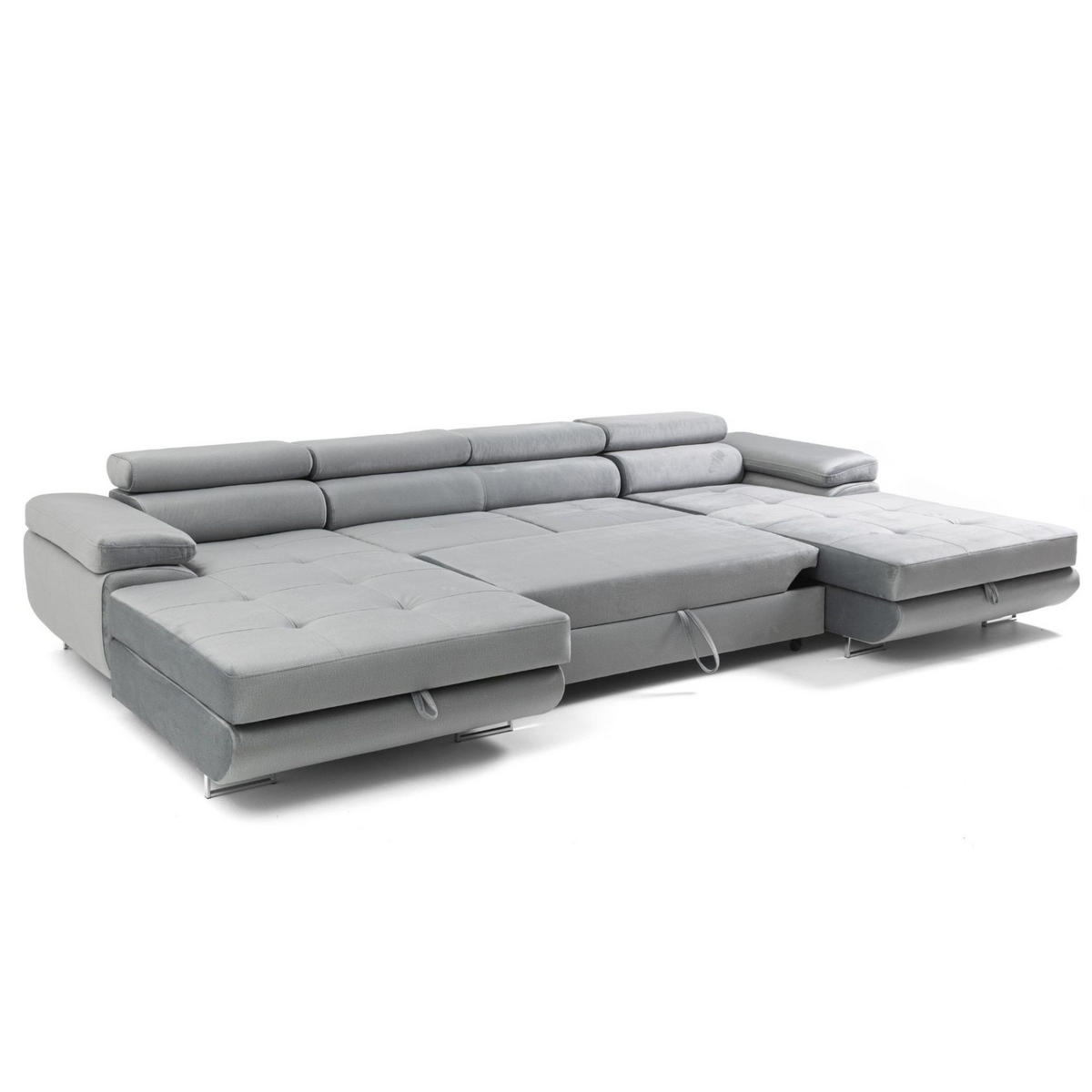 ECKSOFA U-Form ALONZO U mit Schlaffunktion 130x280 Velours Hellgrau - Silberfarben/Hellgrau, Holz/Textil (350/90/203cm) - Muffo