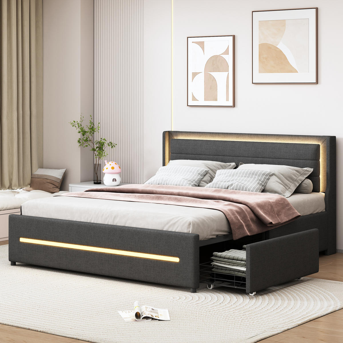 POLSTERBETT 160/200 cm in Grau Leinen mit LED und 4 Schubladen - Grau, Holzwerkstoff/Textil (160/200cm) - WISHDOR