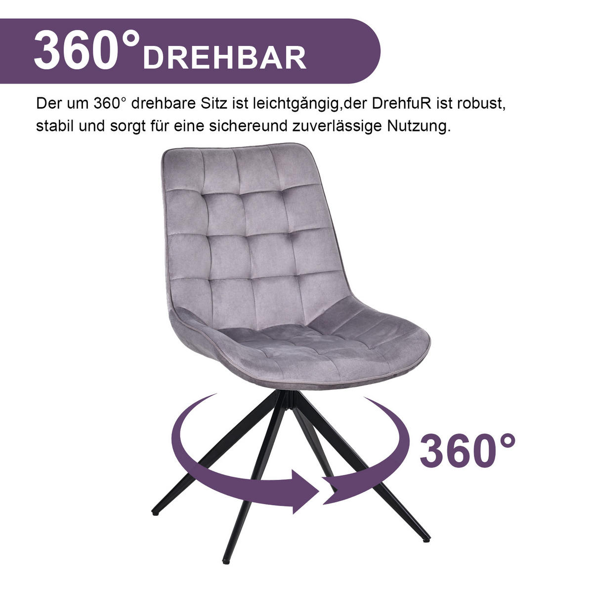 ESSZIMMERSTUHL-SET 2 Stück mit Drehfunktion aus Samt(YZ4) - Grau, Textil (53/85.5/62cm) - HOMAVO