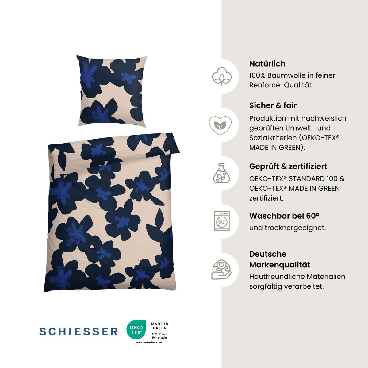 BETTWÄSCHESET Blossom - Renforcé - 2-teilig - 135 x 200 cm - Blau - Blau, Textil (135/200cm) - SCHIESSER