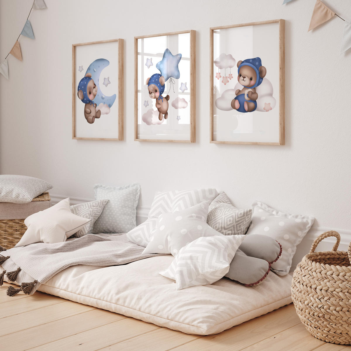 SADA PLAGÁTOV Do Detskej Izby Mackovia Balóny Hviezdy Oblaky 3x Plagát A3 30 x 42 cm - hnedá/biela, papier (30/42/1cm) - Muralo