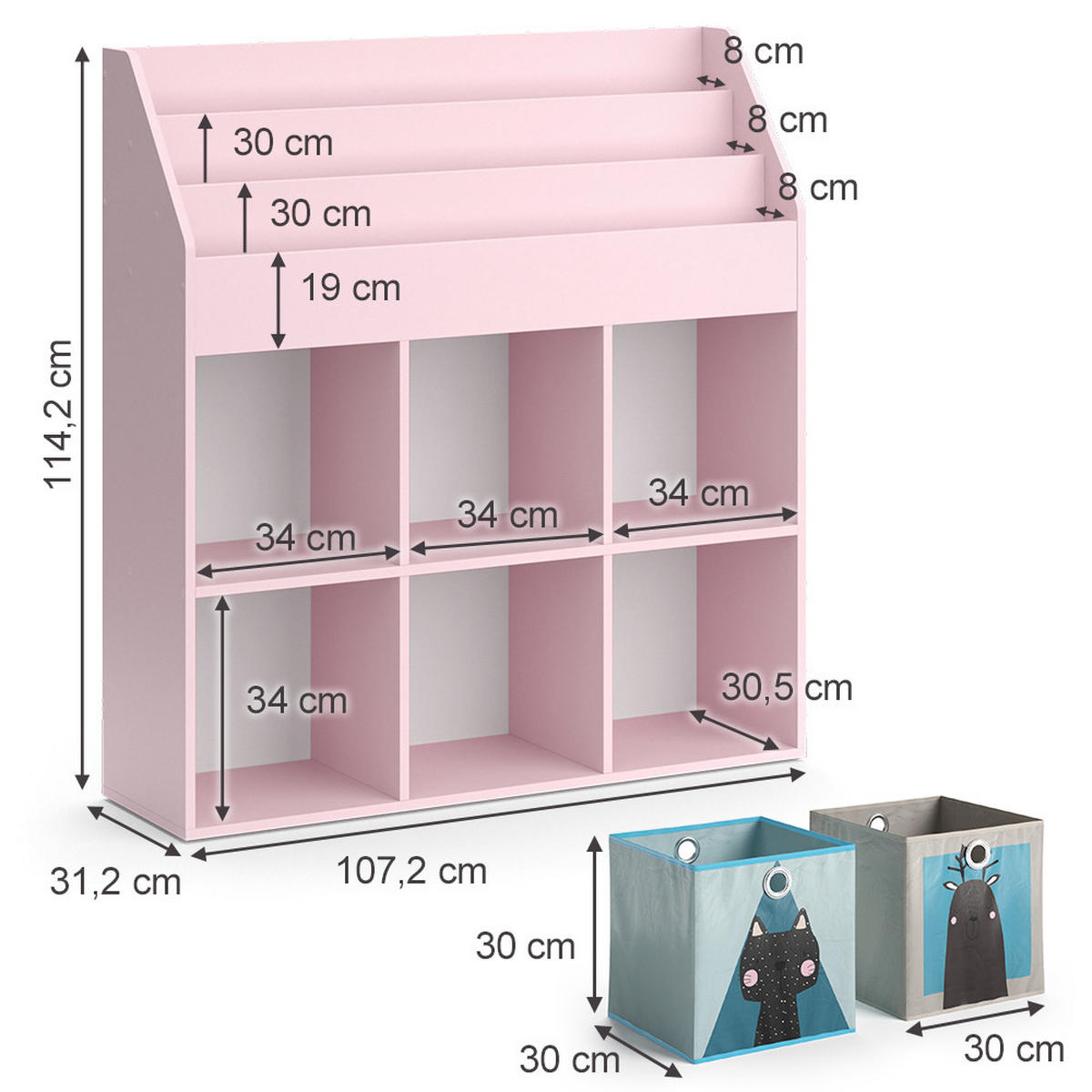 KINDERREGAL Luigi Rosa 107.2 x 114.2 cm mit 6 Faltboxen (grau) - Pink, Holzwerkstoff (107.2/114.2/31.2cm) - Vicco