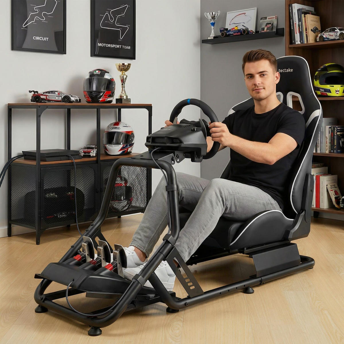 SIM-RACING-COCKPIT Play, GT-Style Rennsitz,57 x 144 x 108,5 cm, schwarz - Schwarz, Metall (57/62/220cm) - tectake