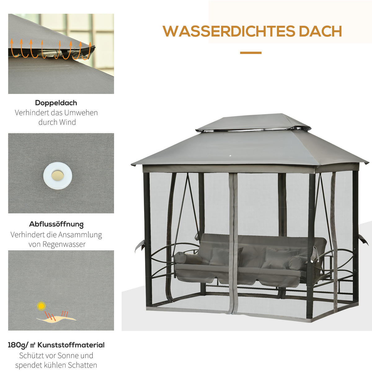 HOLLYWOODSCHAUKEL DE-06976 3-Sitzer, mit Seitenwänden & Moskitonetz, Liegefunktion Grau - Dunkelgrau, Metall (256/248/172cm) - ComfortXL