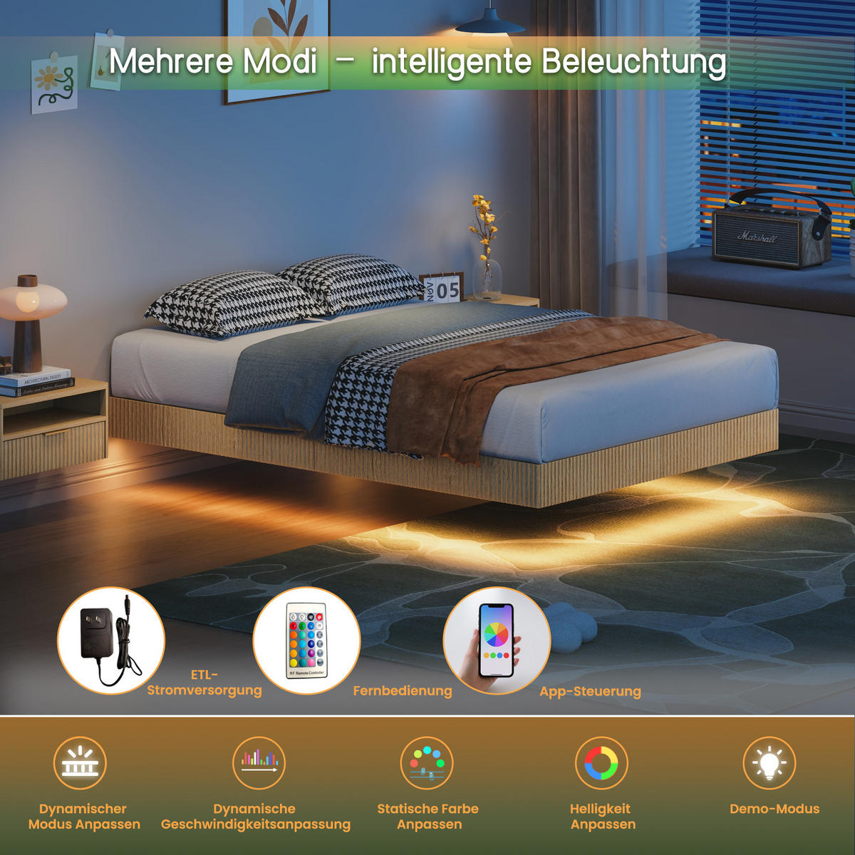 BETT 140/200 cm DE-33047 Schwebedesign mit LED-Licht Eiche - Naturfarben, Holzwerkstoff (140/200cm) - ComfortXL