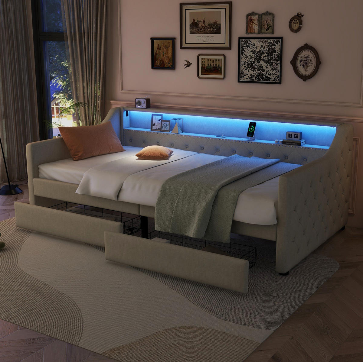 KREVET 90/200 cm sa LED ambijentalnim osvjetljenjem, USB priključkom i dvije ladice, Bež - bež, tekstil (90/200cm) - Redom
