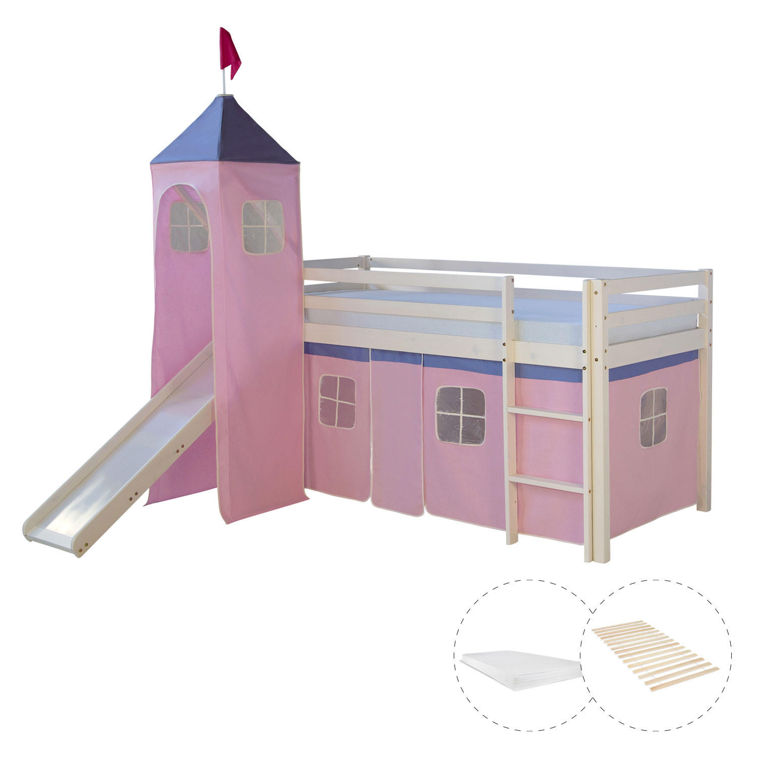 HOCHBETT 90/200 cm in weiß mit Lattenrost + Matratze - Weiß/Rosa, Holz - Homestyle4u