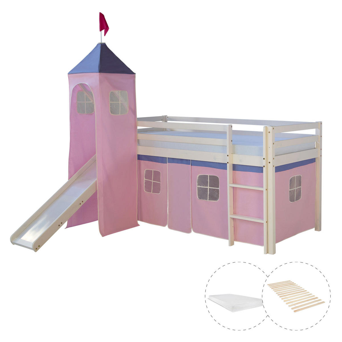 HOCHBETT 90/200 cm in weiß mit Lattenrost + Matratze - Weiß/Rosa, Holz - Homestyle4u