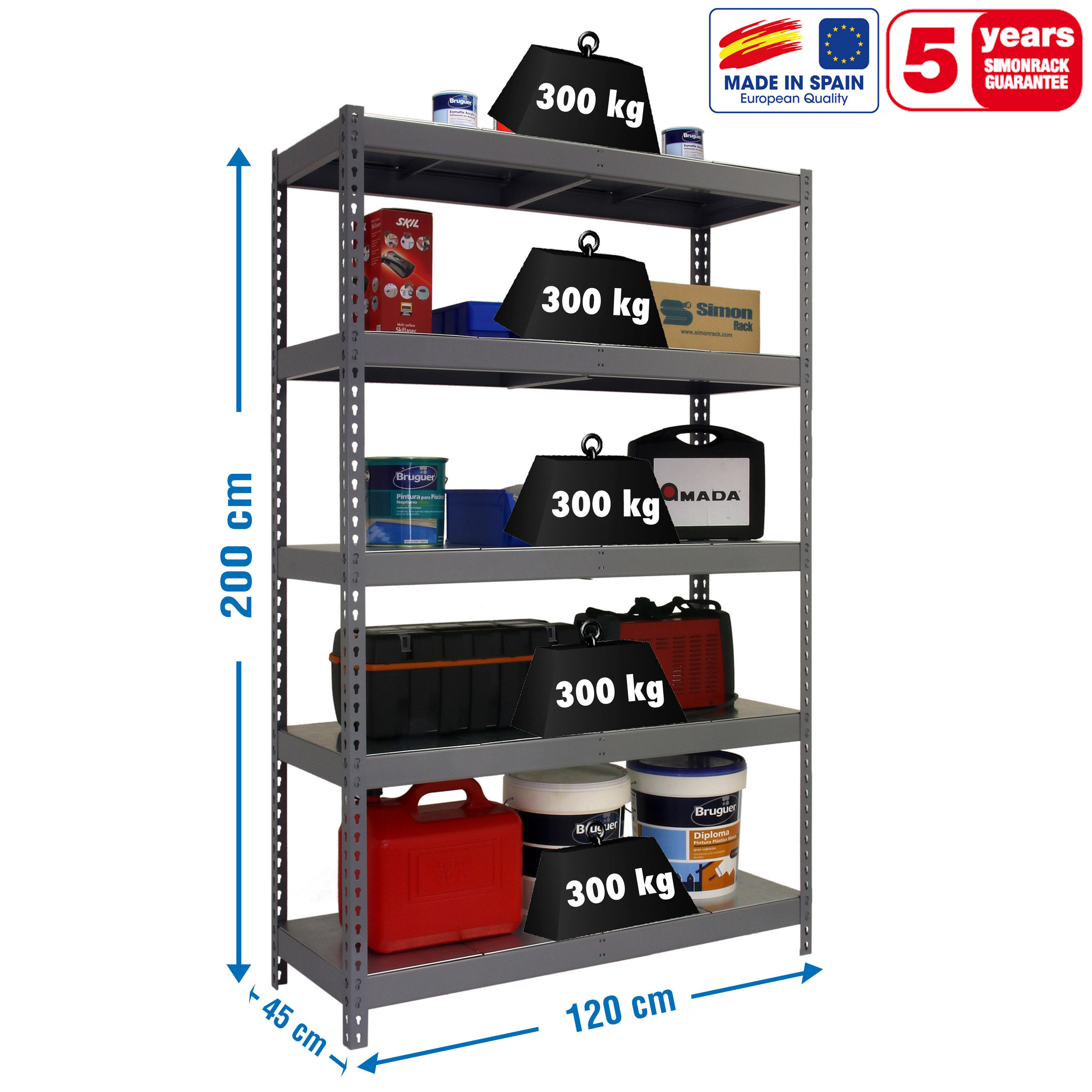 SCHWERLASTREGAL METAL YETI LIGHT FIVE | HxBxT 200x120x45cm | Fachlast 300kg | Grau - Grau, Metall (120/200/45cm) - PROREGAL