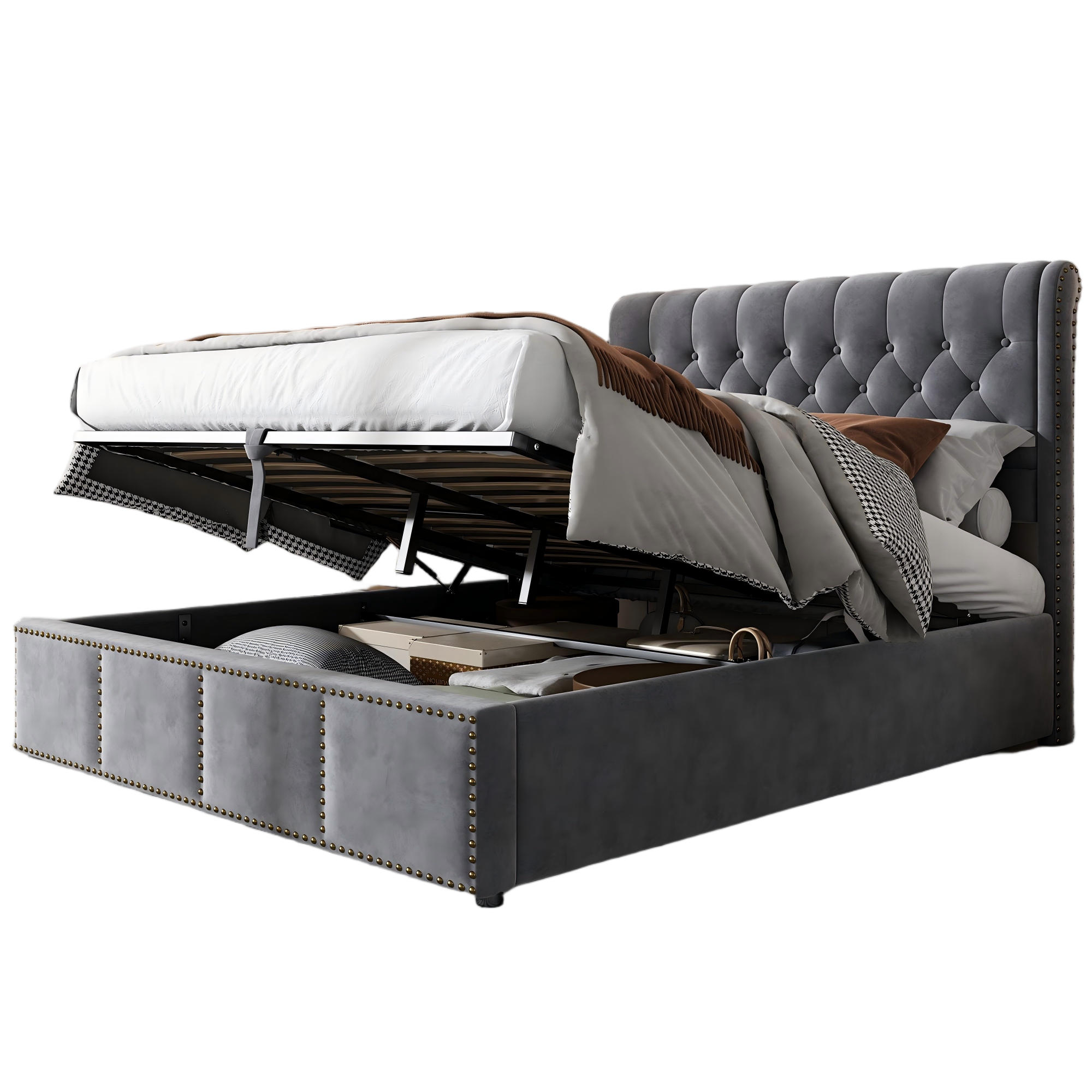 POLSTERBETT 140/200 cm Grau mit Hydraulikbettkasten und Nietenverzierung - Dunkelgrau, Textil (140/200cm) - OKWISH