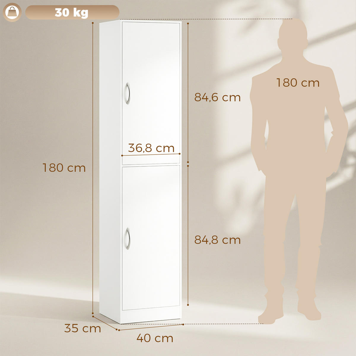 BÜCHERREGAL DE-09953 5-stöckig mit verstellbaren Böden Weiß - Weiß, Holzwerkstoff (35/180/40cm) - ComfortXL