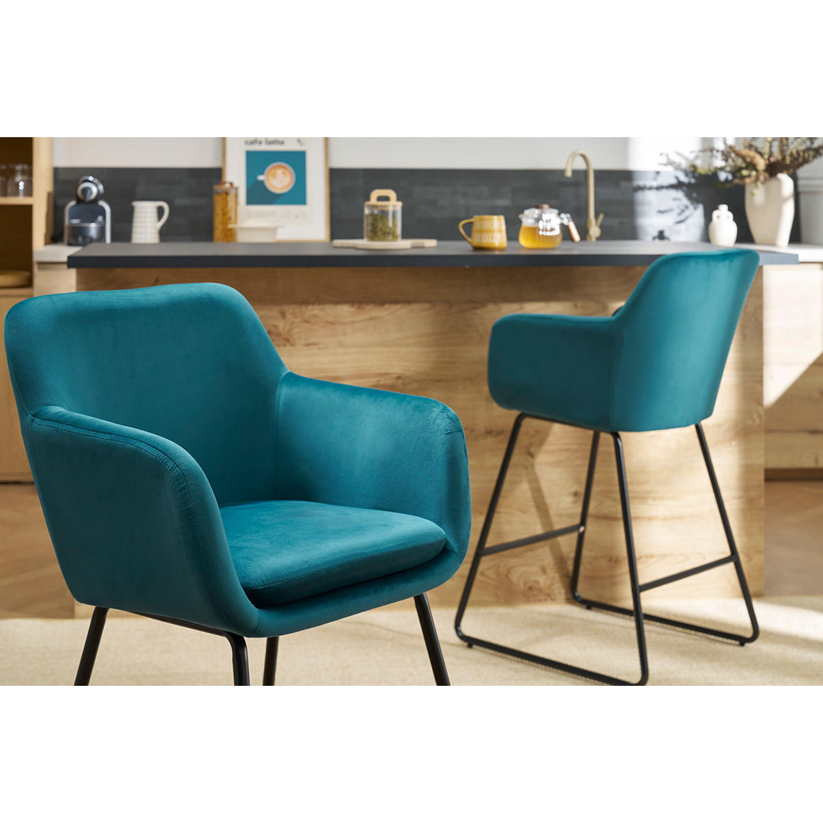 BARHOCKER Stoff Petrol Samteffekt H65 (2er-Satz) AMIKA - Blau, Textil (58/96/54cm) - Miliboo