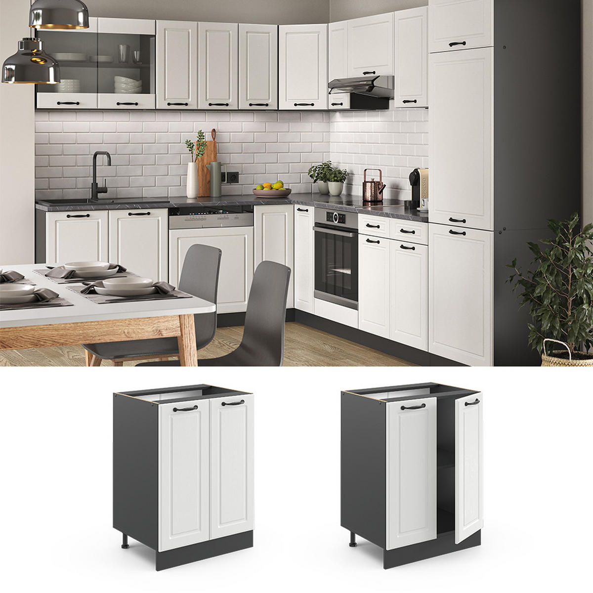 KÜCHENUNTERSCHRANK R-Line Weiß Landhaus 60 cm, AP Anthrazit - Anthrazit/Creme, Holzwerkstoff (60/81.6/60cm) - Vicco