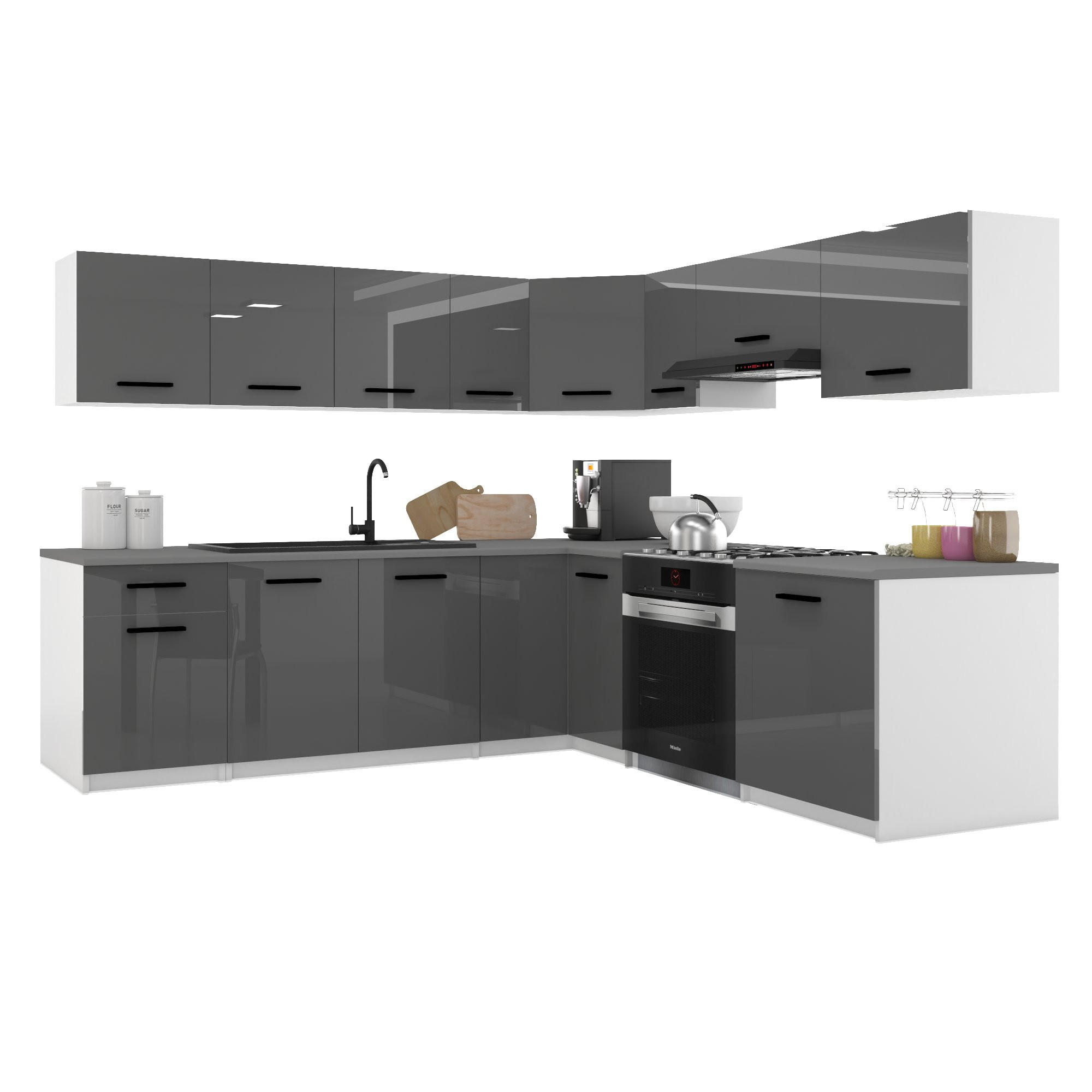 KÜCHENZEILE Italia 7 420 cm , mit Arbeitsplatten, Grau Hochglanz - Grau, Holz (420/143/60cm) - B BELINI GROUP