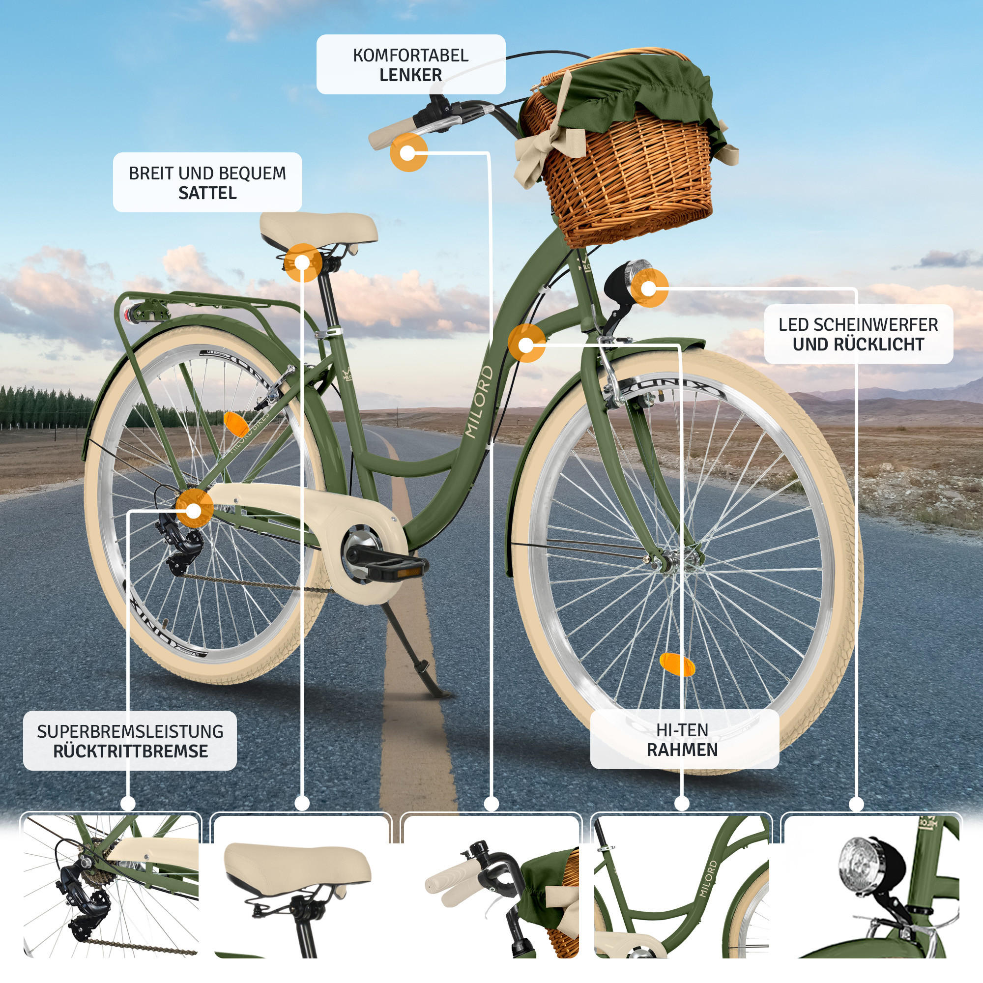 CITY-FAHRRAD Milord mit Weidenkorb, 28 Zoll, Khaki, 7-Gang - Grün, Metall (46cm) - Milordbikes