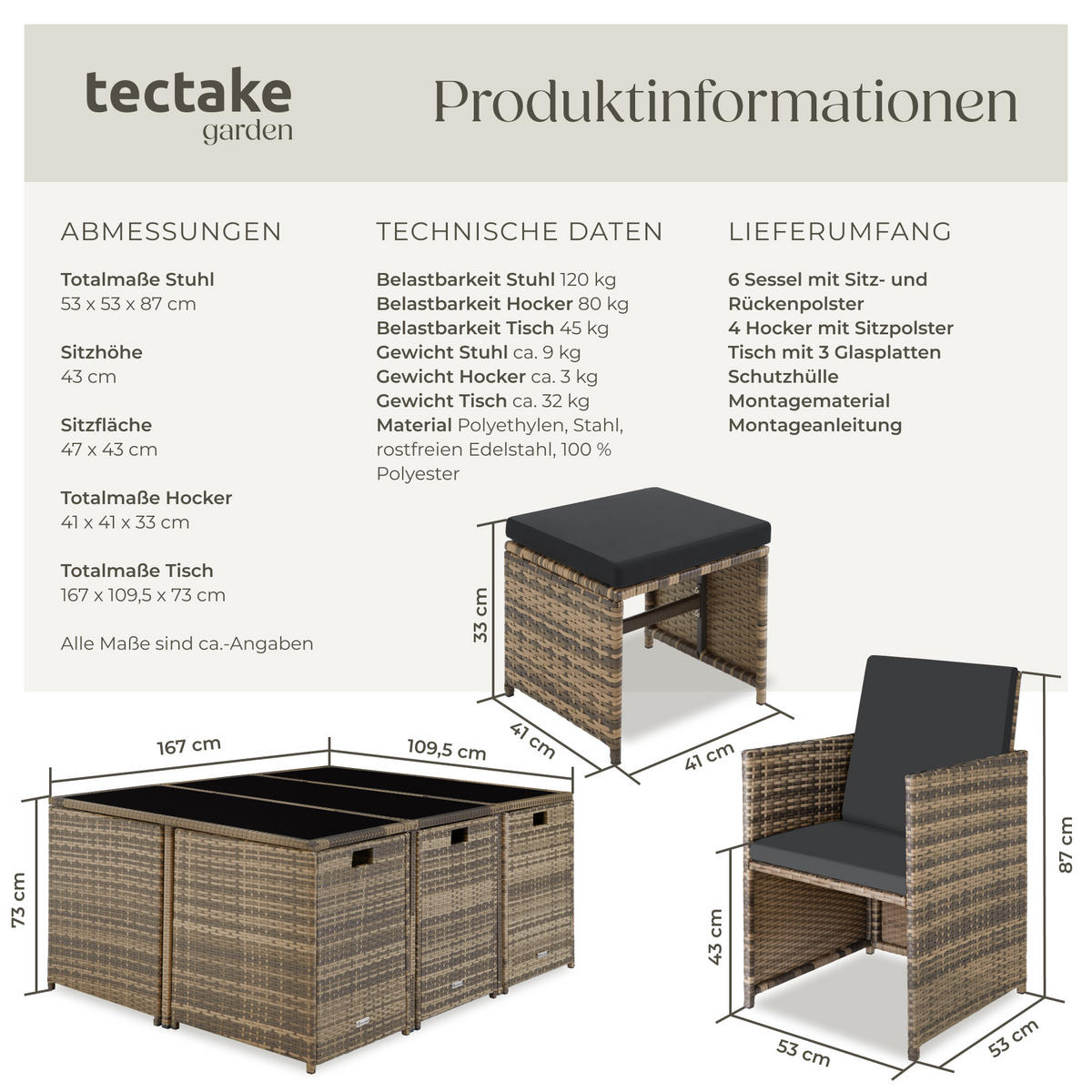 RATTAN SITZGRUPPE Malaga,zusammenschiebbar, inklusive Schutzhülle,natur - Naturfarben, Kunststoff - tectake