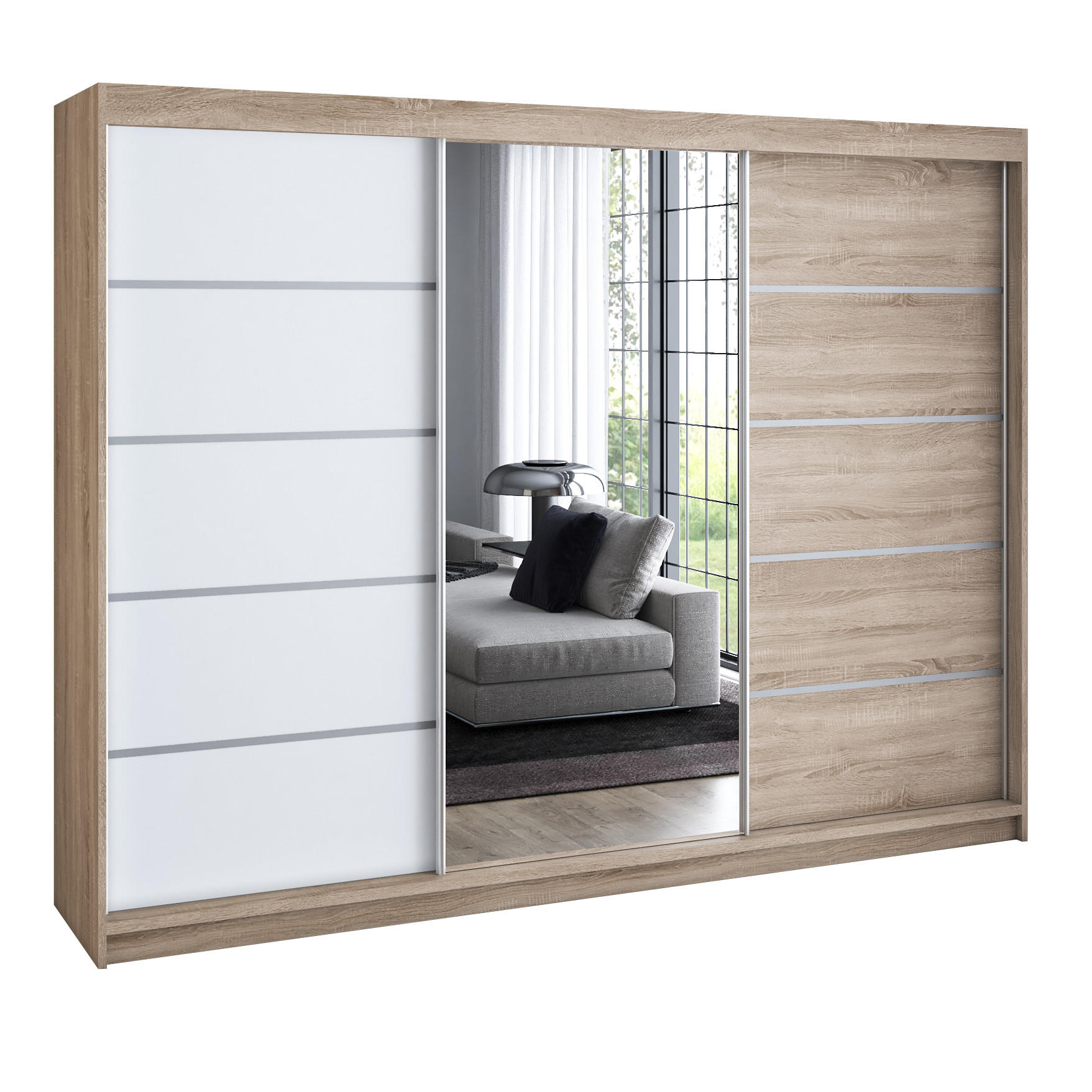 A&J MöbelLand Schwebetürenschrank Sonoma Eiche, Weiß, Hellbraun 200x215x59.5 cm
