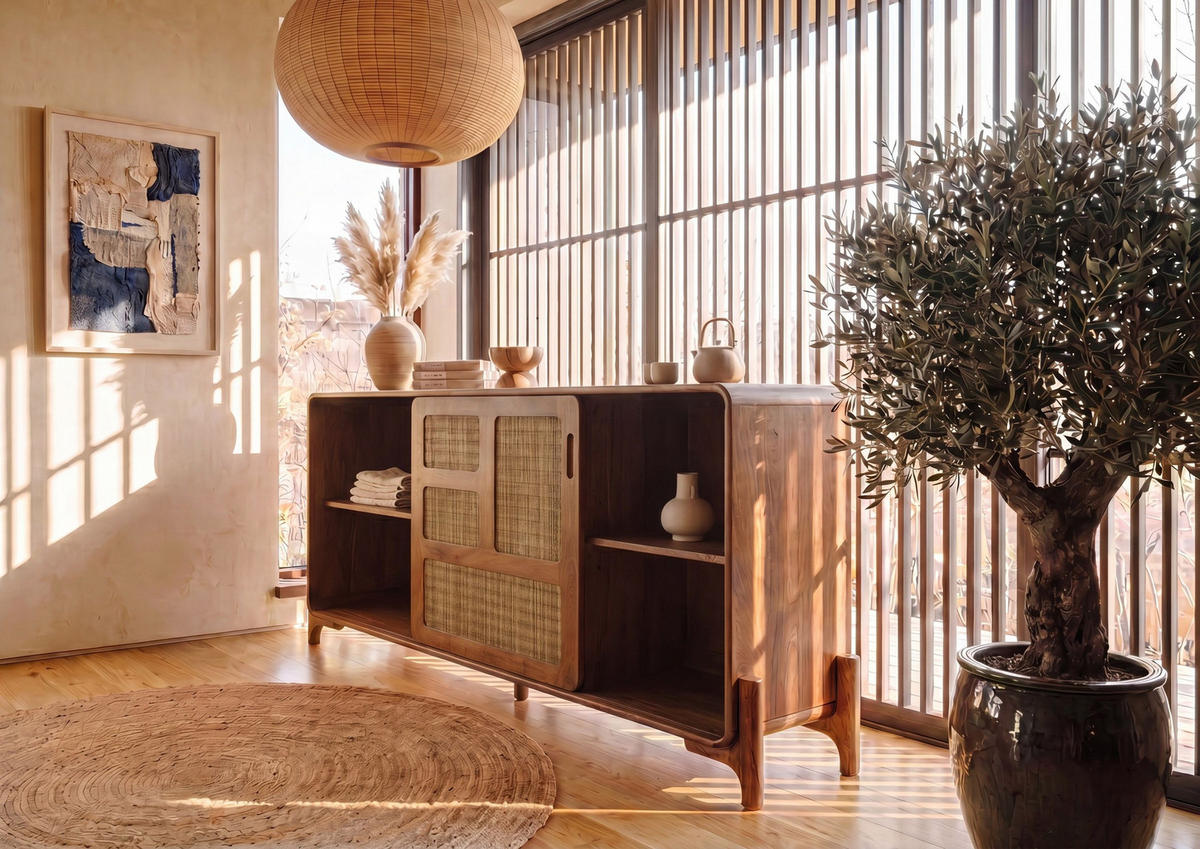 SIDEBOARD Mango/Seegras 180x40x80 hellbraun lackiert MIZUMI #102 - Braun, Holz (180/80/40cm) - Massivmoebel24