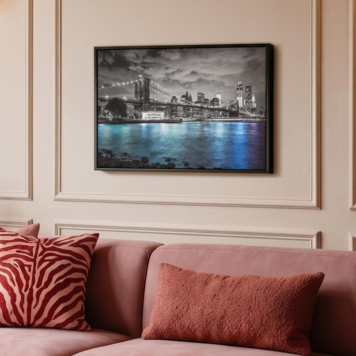 LEINWAND Bilder mit Rahmen - New York - Skyline - Stadt - Blau - 60x40 - Blaugrau, Textil (60/40cm) - MuchoWow