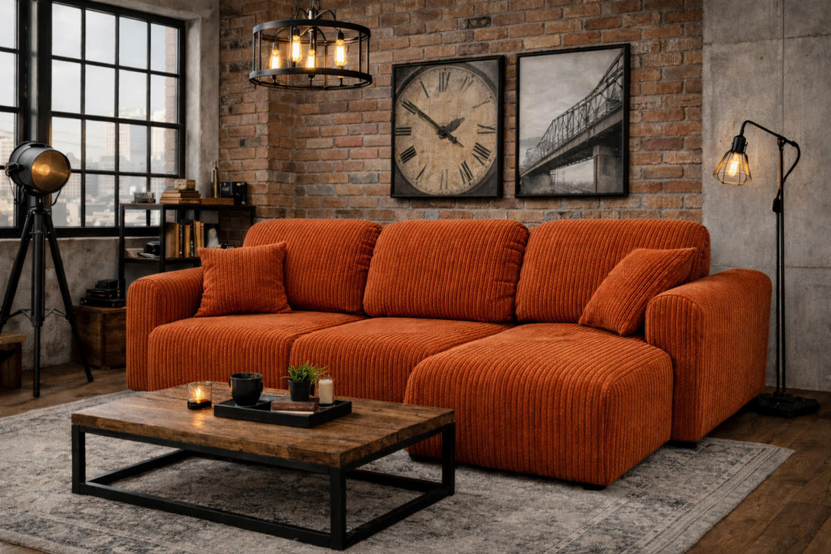 ECKSOFA Mit Schlaffunktion Und Bettkasten, Sofa L-Form Bingo L, Cordstoff Poso, Kupfer, Rechts - Orange, Holz (250/142cm) - Kaiser Möbel