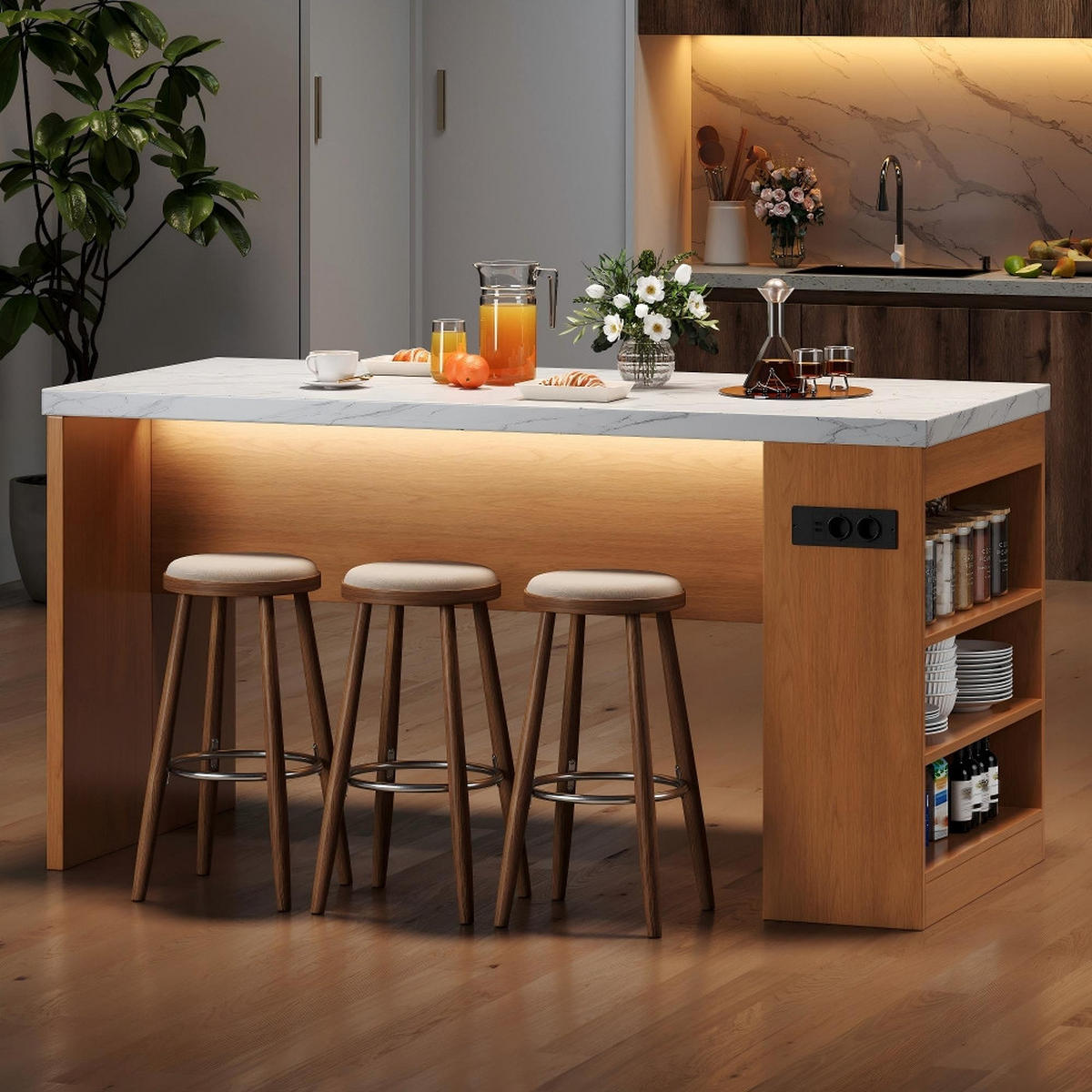 KÜCHENINSEL mit LED-Beleuchtung und Steckdose, 40 mm Arbeitsplatte, 3 offene Ablagen, MDF, 155/80/90 cm - Naturfarben, Kunststoff (80/90/155cm) - Rolipo