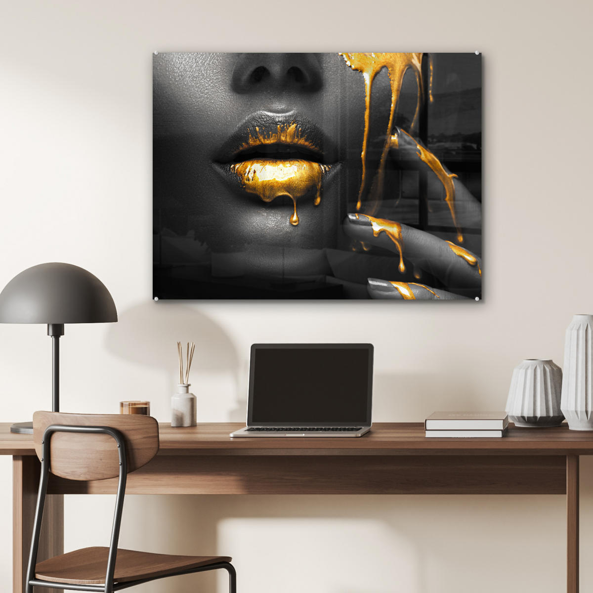 ACRYLGLASBILD Frau - Schwarz - Gold - Gesicht - Lippen 80x60 cm - Goldfarben, Glas (80/60cm) - MuchoWow