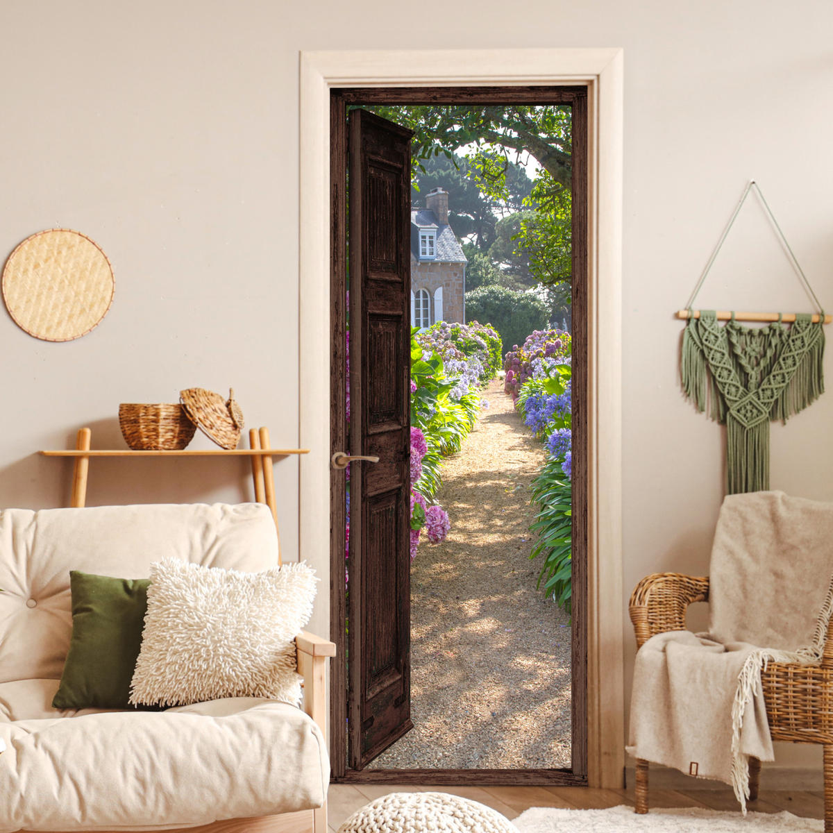 TÜRAUFKLEBER Selbstklebend - Fensterblick - Hortensie - Tür - Blumen - Natur 95x235 cm - Türtapete - Beige, Kunststoff (95/0.1cm) - MuchoWow