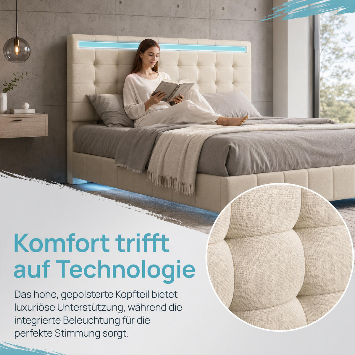 BETT 160x200 cm mit LED und USB, Doppelbett 160x200 cm mit Lattenrost, schwebendes Design, Leinenbezug Beige - Beige, Holz/Textil (160/200cm) - GENKI LIVING
