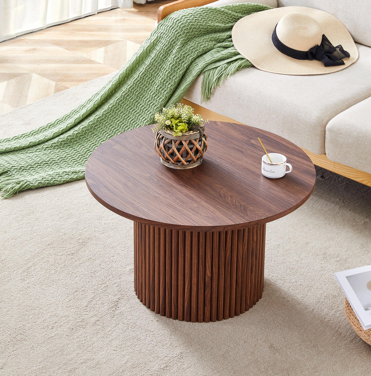 COUCHTISCH aus MDF und Metall Ø70x42 cm in Walnuss mit Kannelierung - Walnussfarben, Holzwerkstoff (70/70/42cm) - Modfu