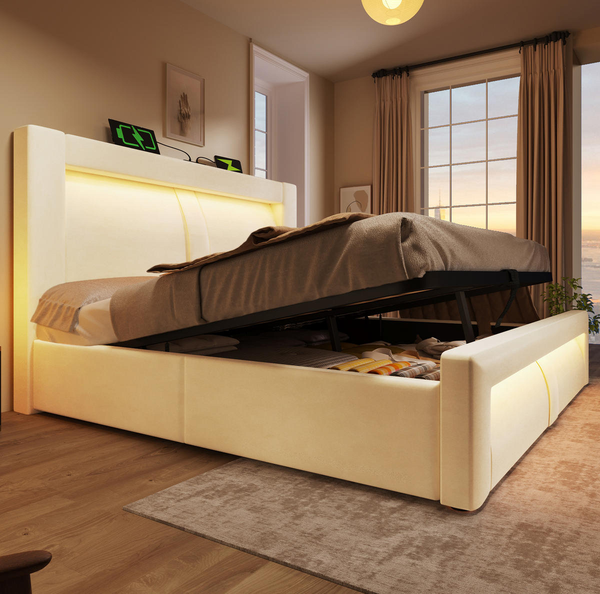 BETT mit Stauraum 160x200 cm Samt Beige inkl. Matratze - Beige, Metall (160/200cm) - Meubliv