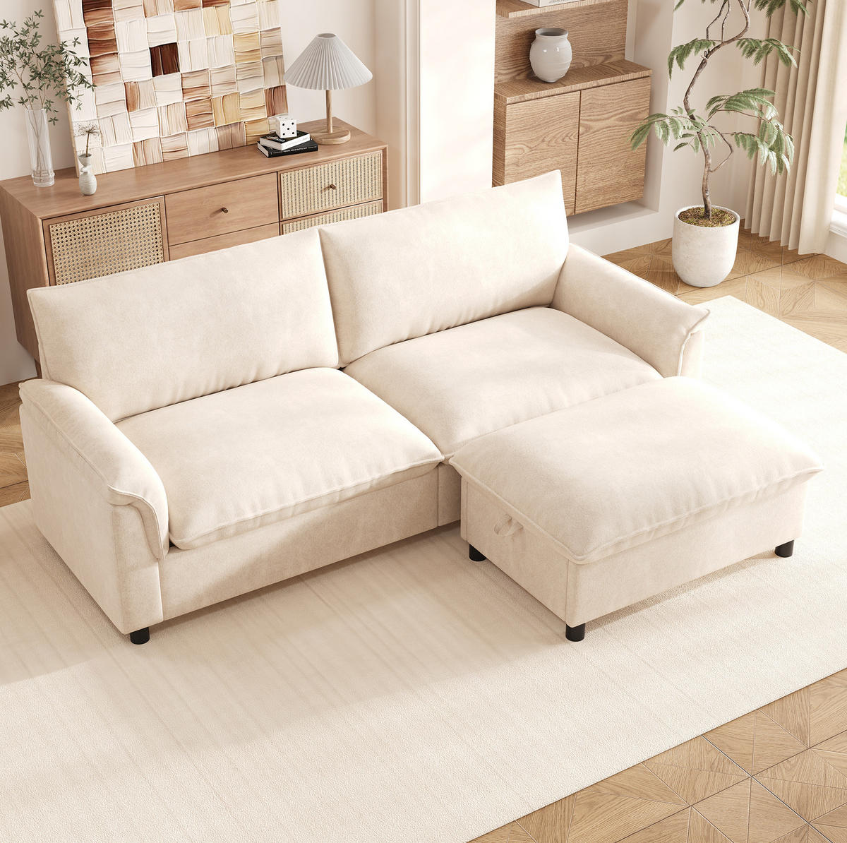 ECKSOFA 216/77/82 cm mit beweglichem Fußhocker, Stauraum und Schlaffunktion, Chenille, Beige - Beige, Textil (216/77cm) - Redom