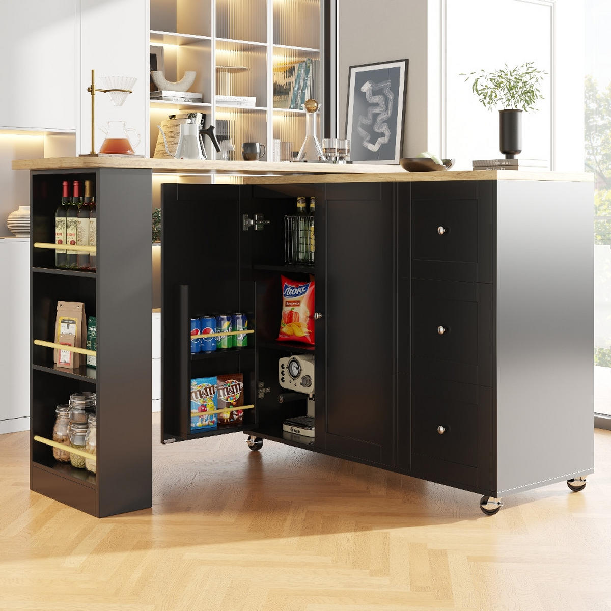KÜCHENINSEL STEHTISCH 360° drehbar, Kücheninsel auf Rollen, MDF Schwarz, mit 3 Schubladen, 203/39/106 cm - Schwarz, Kunststoff (39/106/203cm) - Rolipo