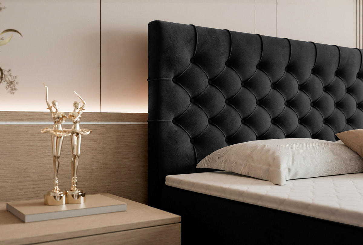 BOXSPRINGBETT Aurora mit Bettkasten, Schwarz Samt 160x200 cm – inkl. H3 Matratze und Topper - Schwarz, Holzwerkstoff/Kunststoff (160/200cm) - WFL GROUP