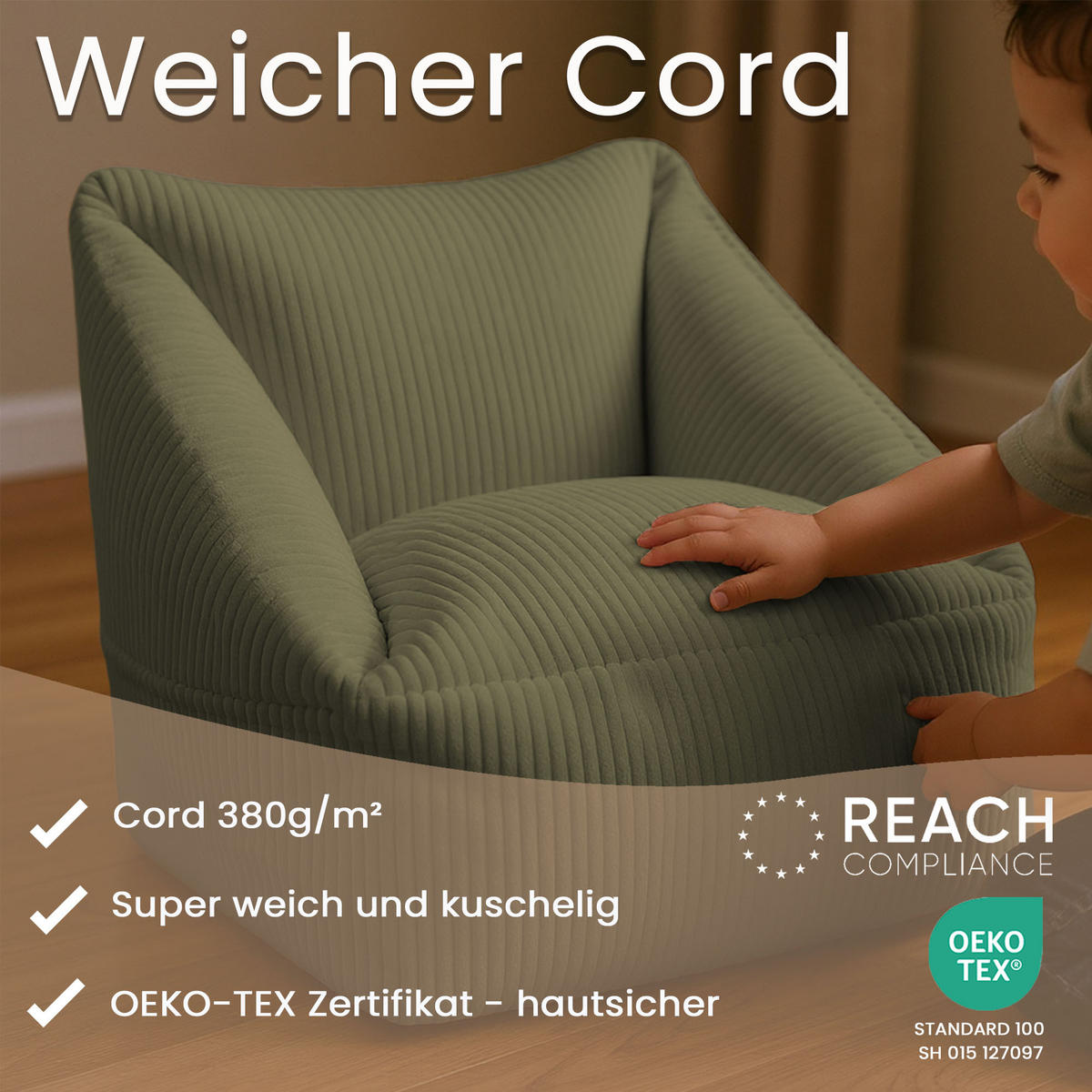 SITZSACK-SESSEL Bambino 55/60/55 cm, weicher Cord 380 g/m², mit Griff & Seitentasche, Olivgrün - Olivgrün, Textil (55/55/60cm) - Dreamroots