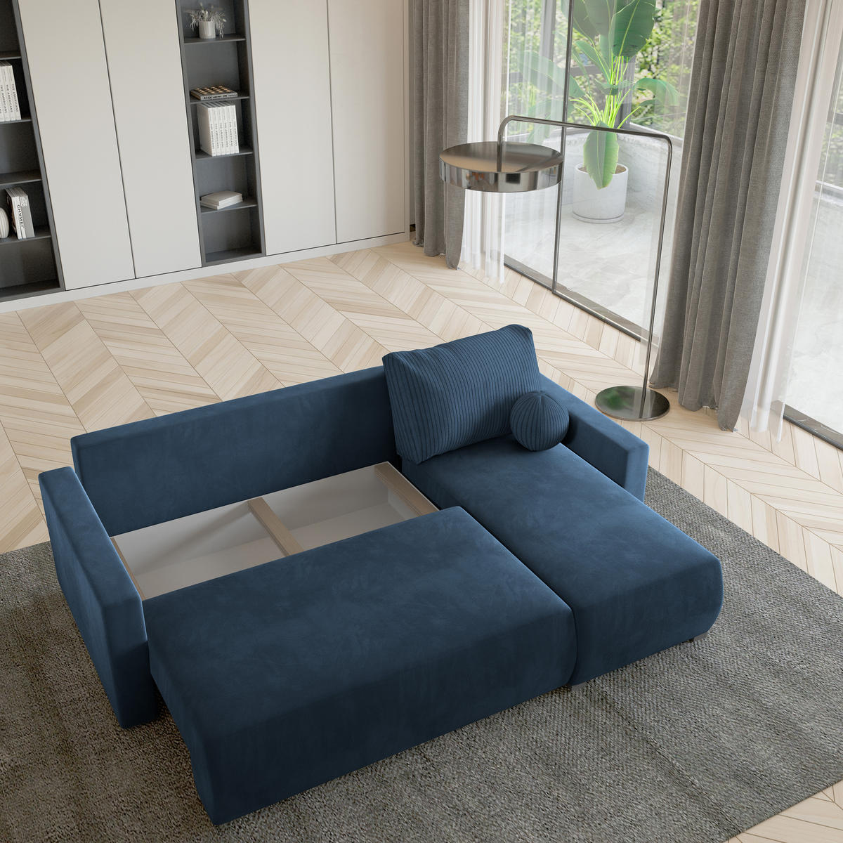 ECKSOFA SORGE Blau Plüsch-Stoff mit Schlaffunktion - Blau, Holz (220/143cm) - MASSENO