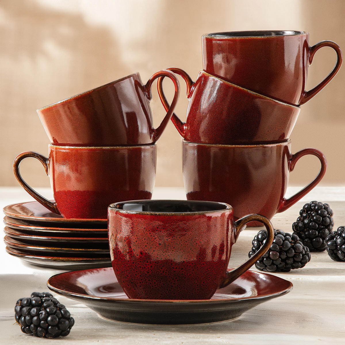 KAFFEESERVICE ESPRESSO 6 Personen GAMBIA 12-tlg - Rot, Keramik (9.5/6.5/9.5cm) - Ritzenhoff Breker
