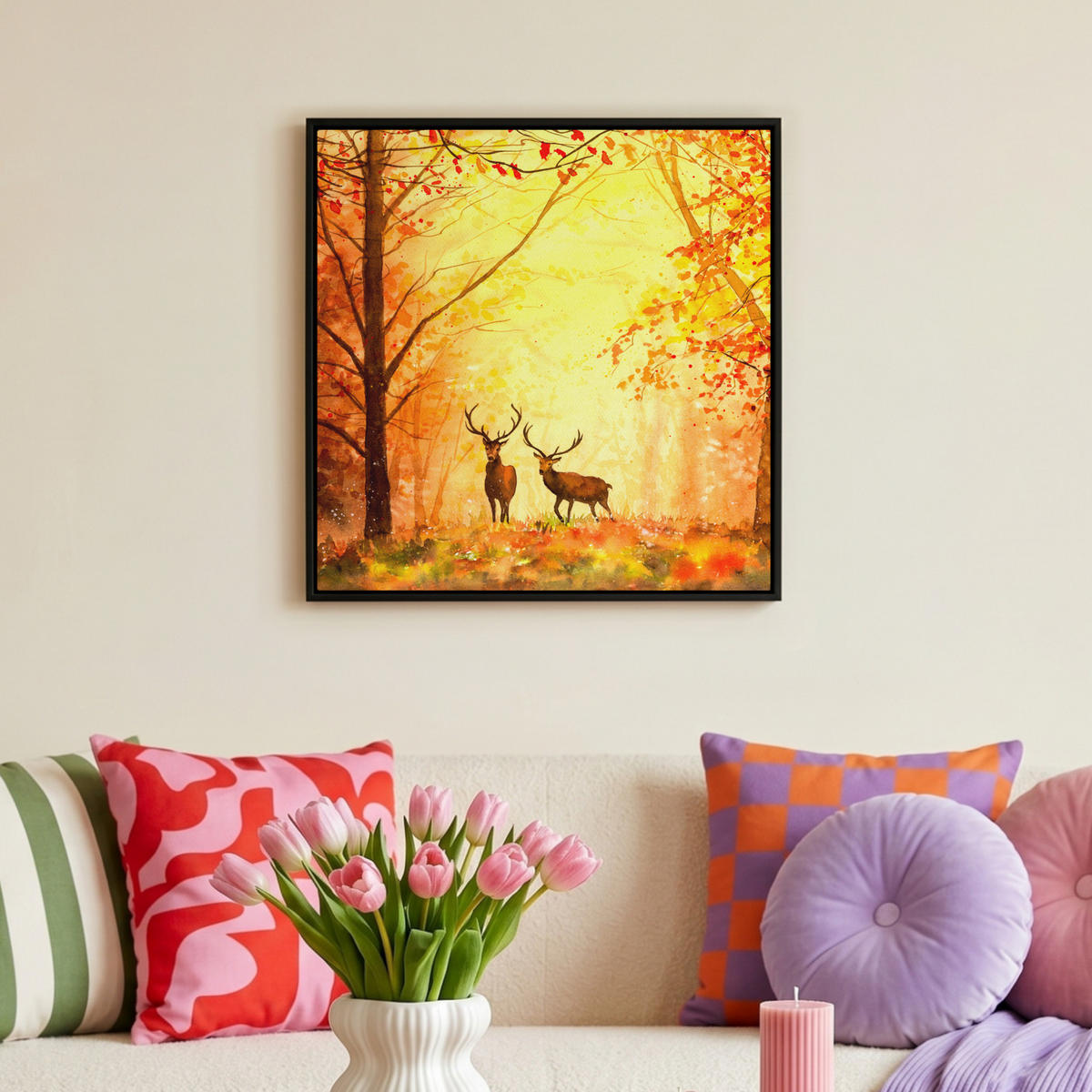 LEINWAND Bilder mit Rahmen - Natur - Ölfarbe - Hirsche - Tiere - Herbst - Orange - 50x50 - Orange, Textil (50/50cm) - MuchoWow