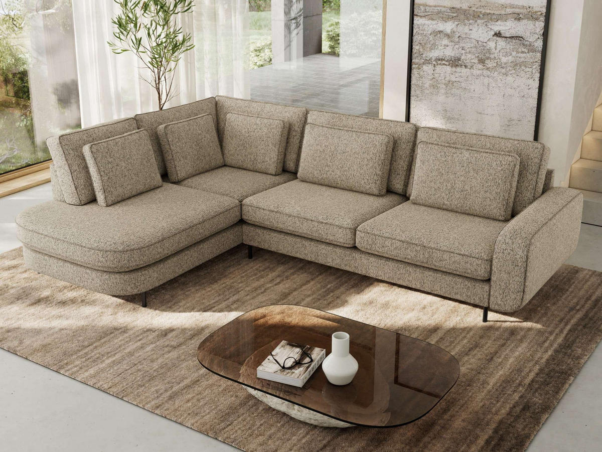 ROHOVÁ SEDAČKA CALENO L - Béžová Strukturovaná látka - Pravá Strana - kapučínová/černá, kov/textil (317/225cm) - MKS