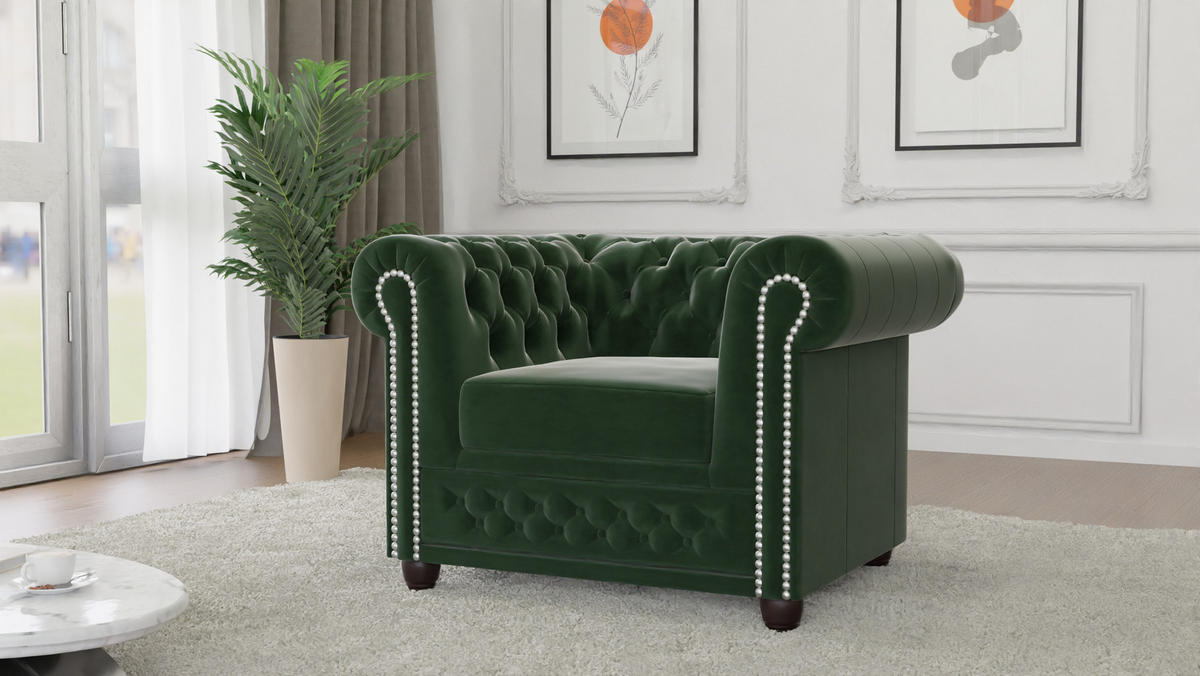 SITZGARNITUR mit Schlaffunktion 3+2+1 Chesterfield Nyx Flasche grün Samt - Smaragdgrün/Braun, Holz/Textil (203/72/86cm) - S-Style Möbel