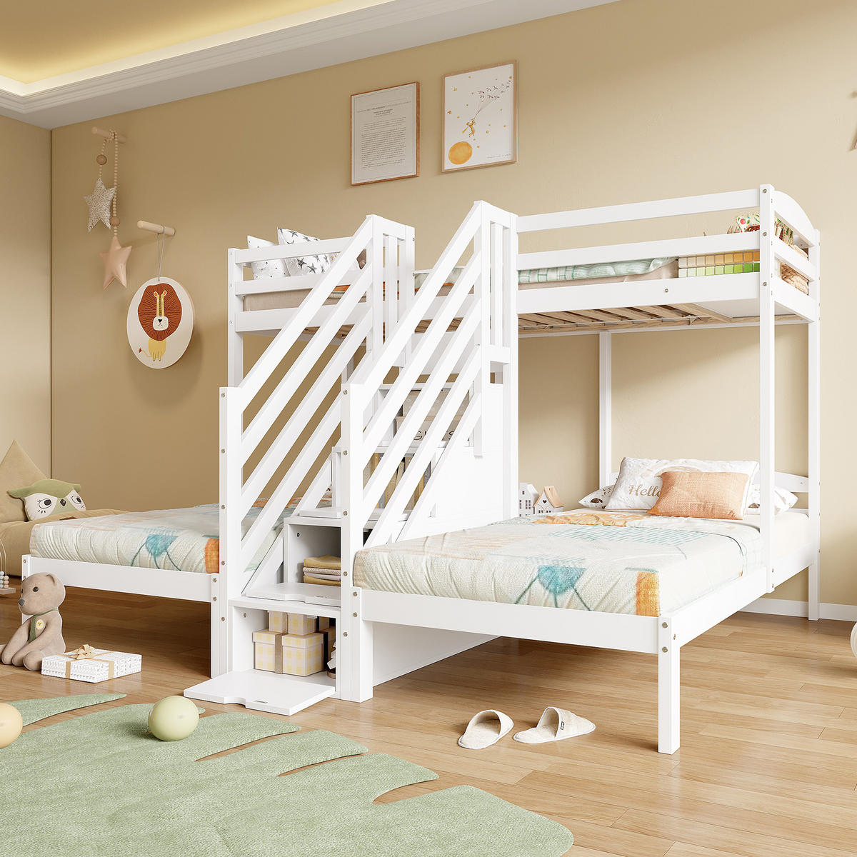 HOCHBETT 90x200cm Weiß Kiefernholz 3 Betten EN747 Leiter mit Schubladen - Weiß, Holz (90/200cm) - FLIEKS