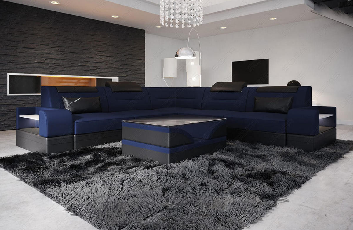 COUCH Trivento L-Form Dunkelblau Schwarz Mikrofaserstoff - Dunkelblau, Kunststoff (274/274cm)