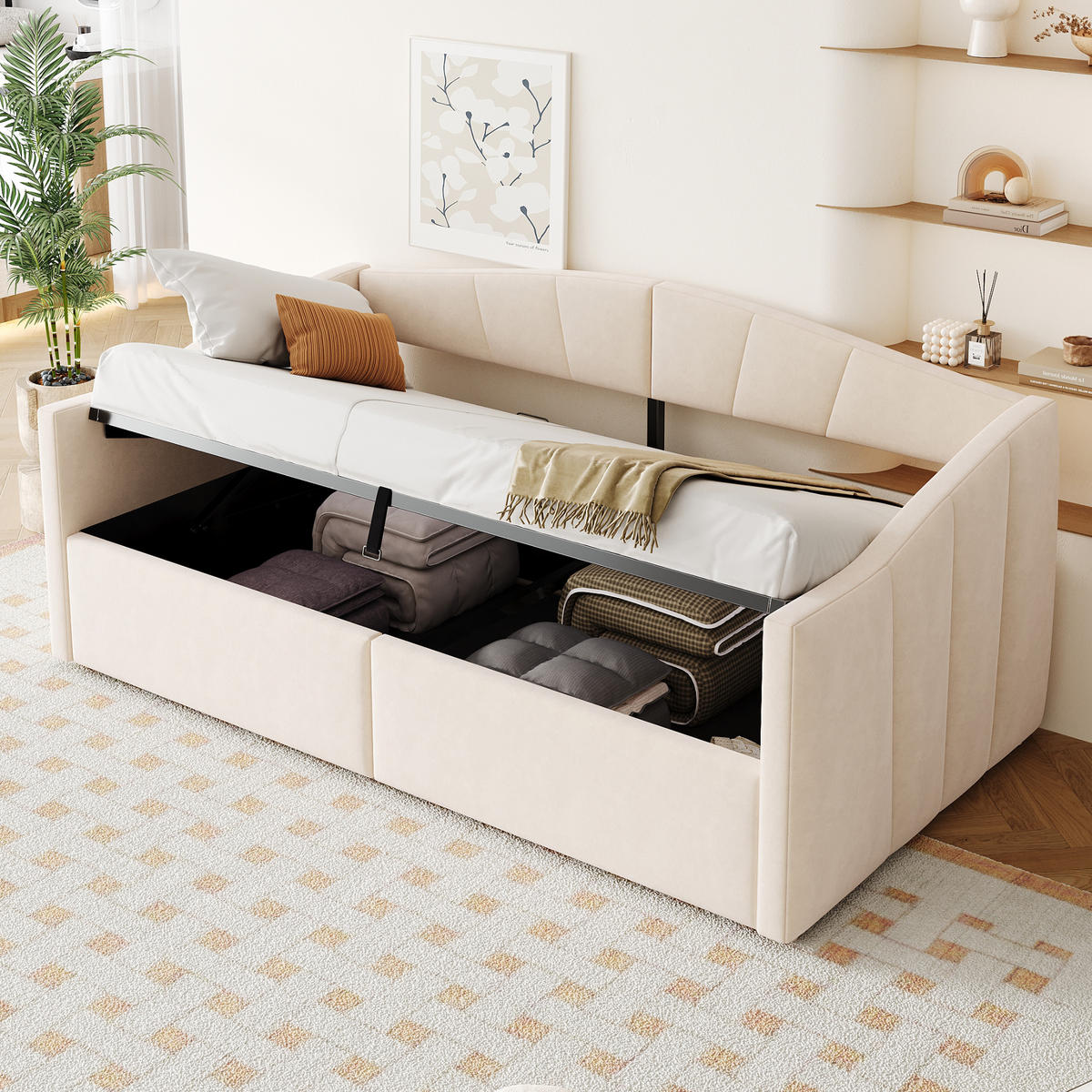 POLSTERBETT Sofabett 90/200 cm Beige mit hydraulischer Lagerung und Lattenrost aus Samt - Beige, Textil (90/200cm) - OKWISH